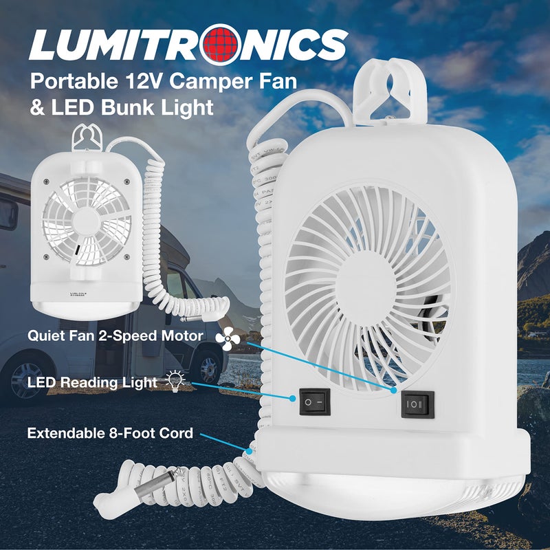 Lumitronics RV Portable 12V LED Interior Bunk Light and 2-Speed Personal Fan Combo, Quiet Motor, Reading Light with Extendable 8-Foot Cord - On/Off Switch, Mounting Brackets Included - Image 3